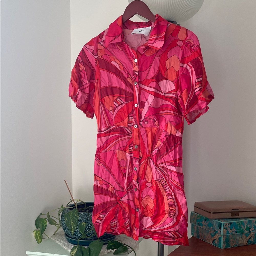 Vibrant Pink Red Orange Abstract Mini Dress with Button Front